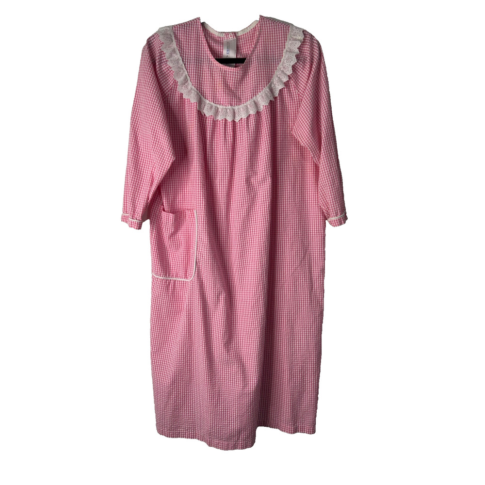 Vintage Buck & Buck House Dress Size M Pink White Gingham Cottagecore Grannycore